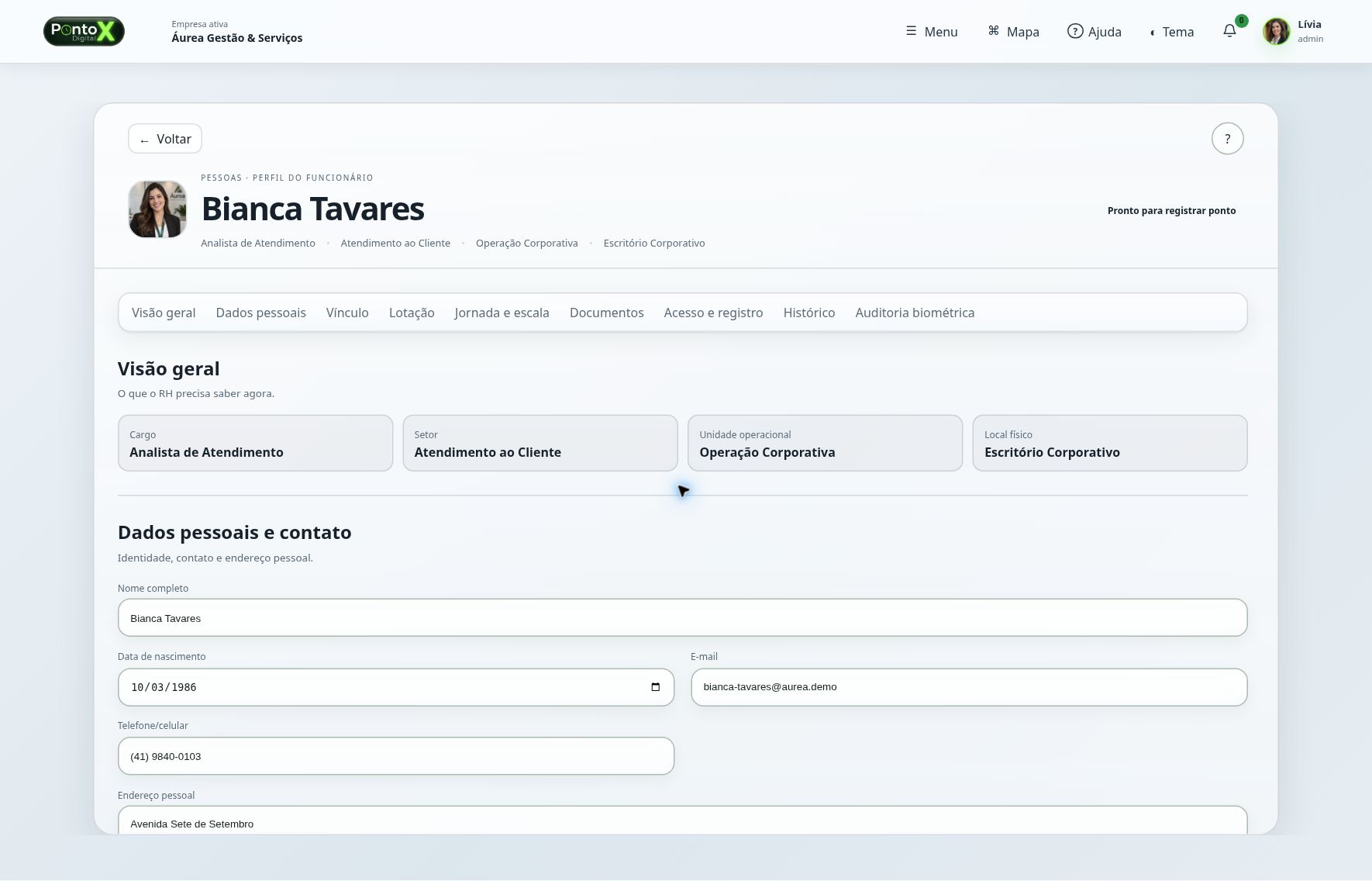 Ficha individual no ambiente de demonstração do PontoX