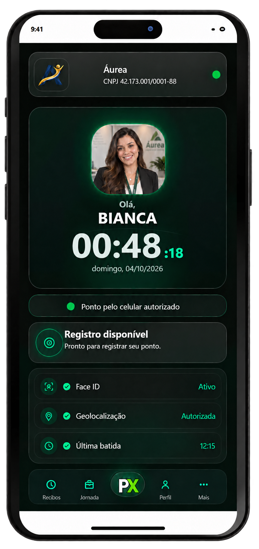 Tela ilustrativa do PontoX Mobile para registrar o ponto pelo celular