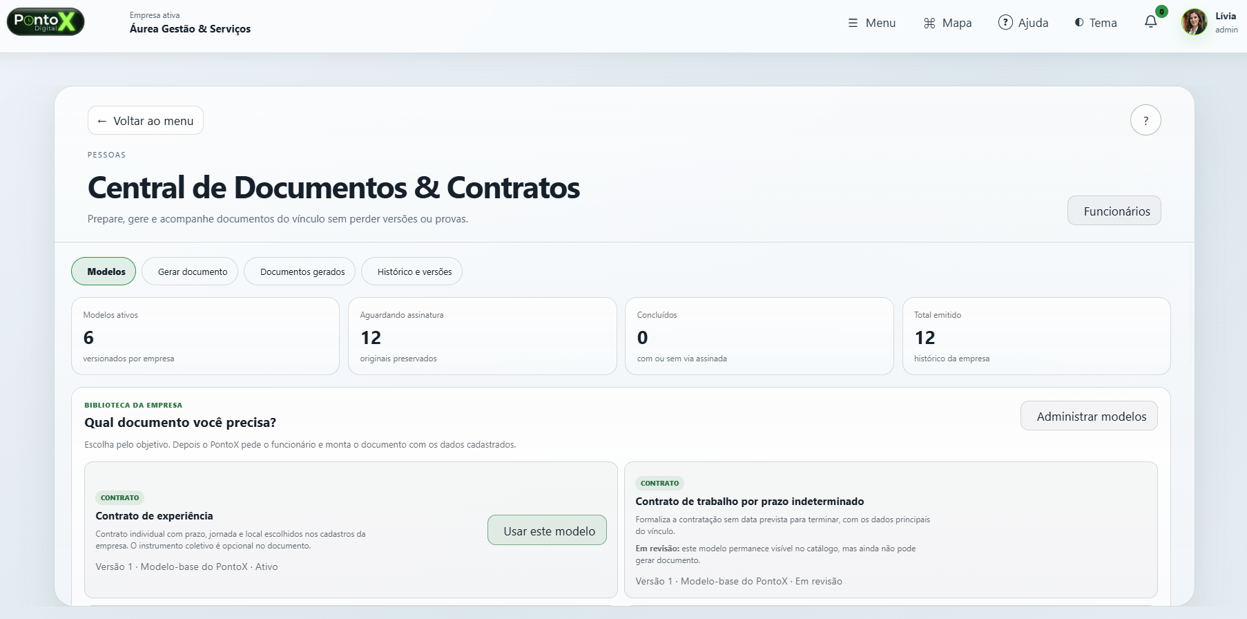 Central de Documentos e Contratos do PontoX com modelos e histórico de versões