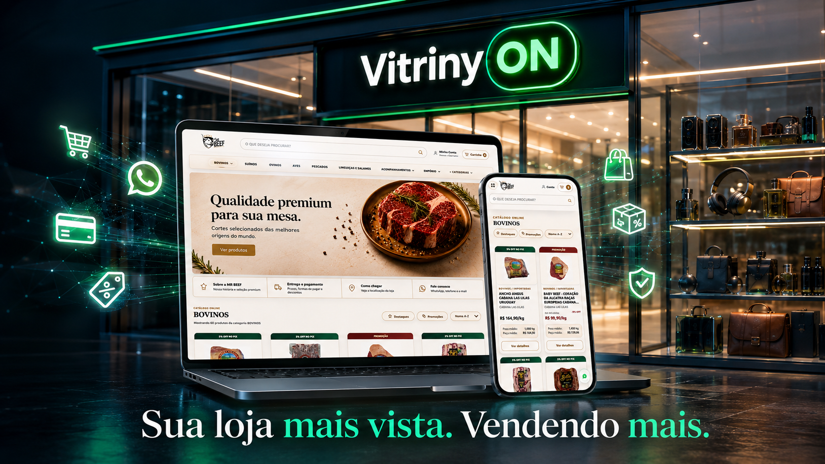 VitrinyON em loja, notebook e celular